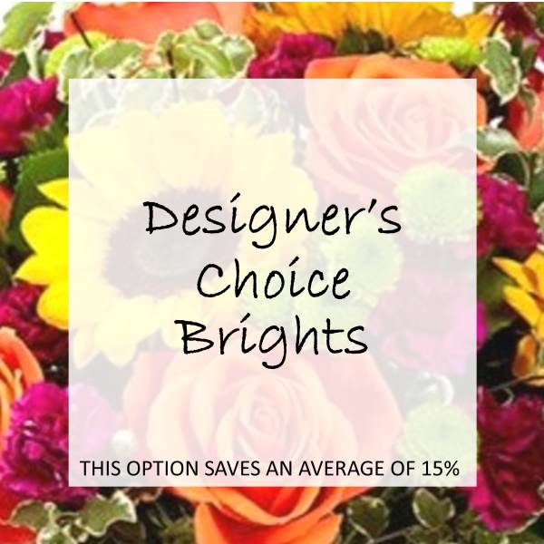 Bright mixed flower arrangement with roses and daisies behind a text overlay