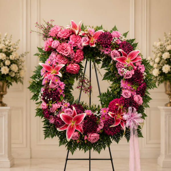 Pink and magenta floral wreath on a black stand with a pink ribbon bow