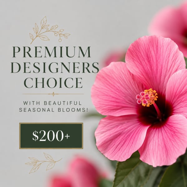 Pink hibiscus flower with a premium designers choice label and $200+ price tag