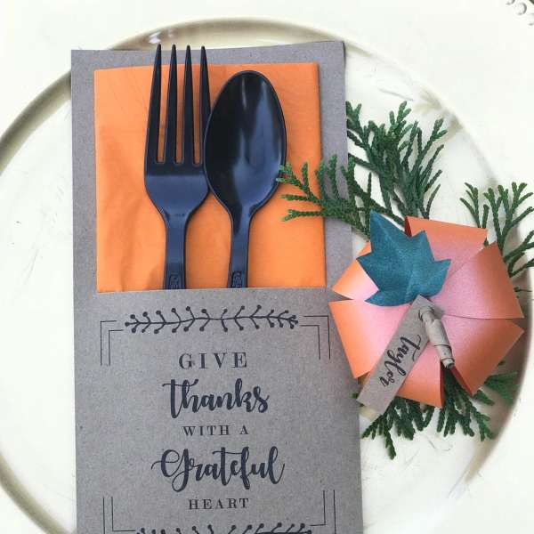 Thank-you gift set with a card, plastic cutlery, and a paper favor box