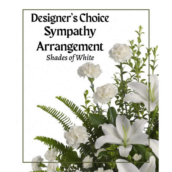 White sympathy arrangement with lilies and carnations