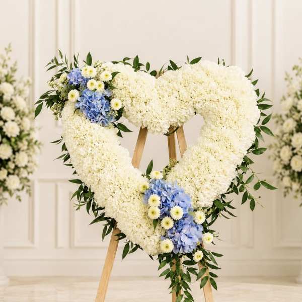 Heart-shaped white floral wreath with blue and yellow accents on a stand