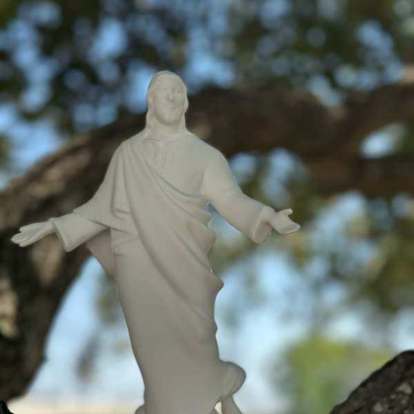 White religious statue of Jesus standing on a tree branch