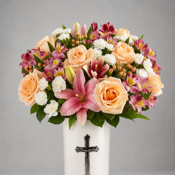 Peach roses and pink lilies in a white vase with a cross