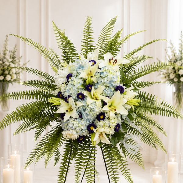 Large standing floral spray with white lilies, blue hydrangeas, and ferns