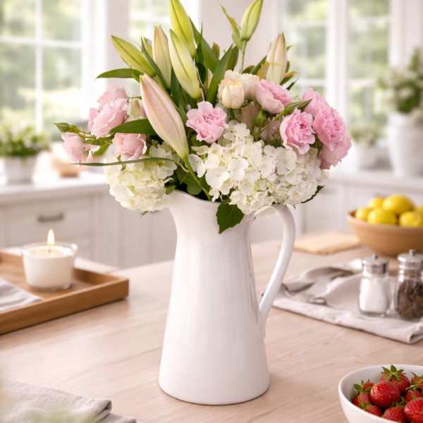 Pink and white flowers arranged in a white pitcher vase