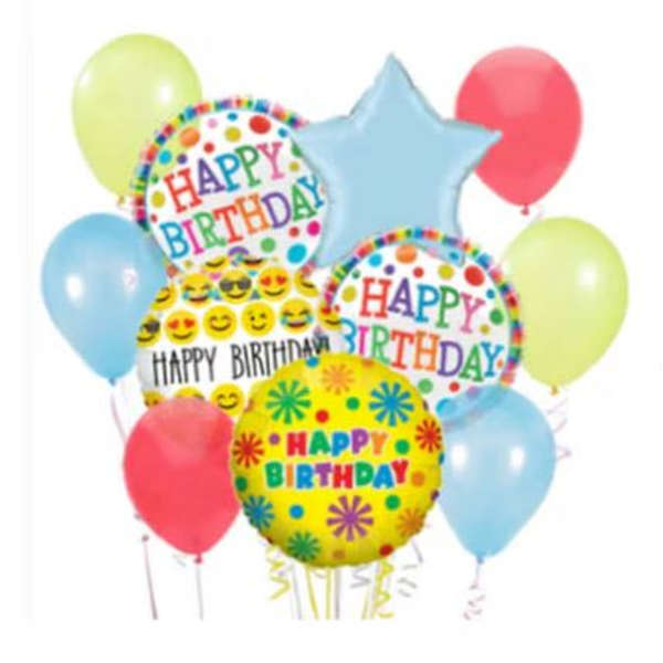 Cluster of colorful birthday balloons with "Happy Birthday" text
