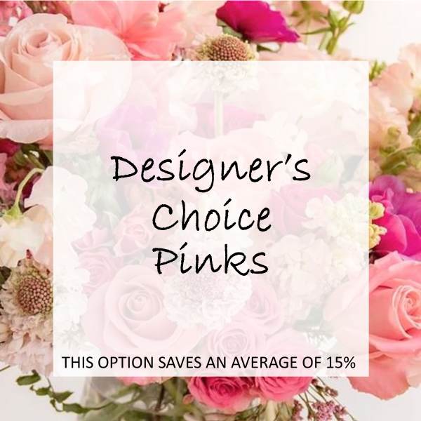 Pink rose bouquet with mixed blooms and a text overlay