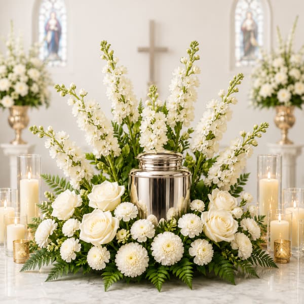 White floral arrangement with roses and mums around a silver urn