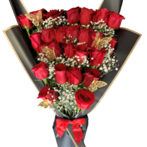Bouquet of red roses with baby's breath and butterfly accents
