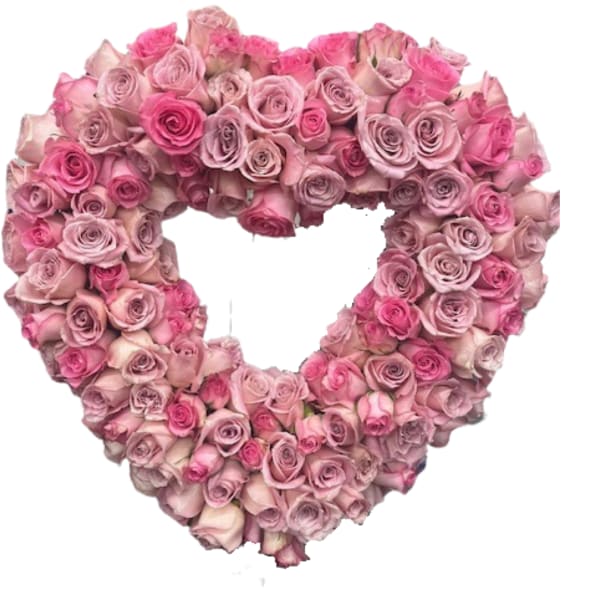Heart-shaped wreath of pink roses on a white background