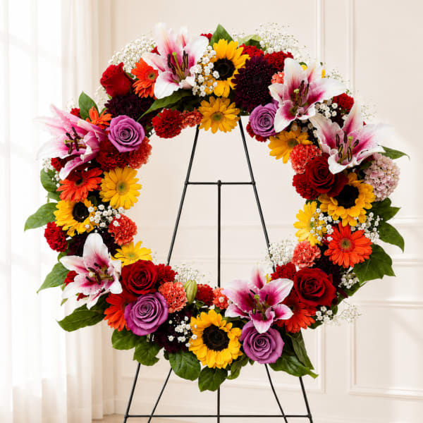 Large colorful floral wreath on a black easel stand