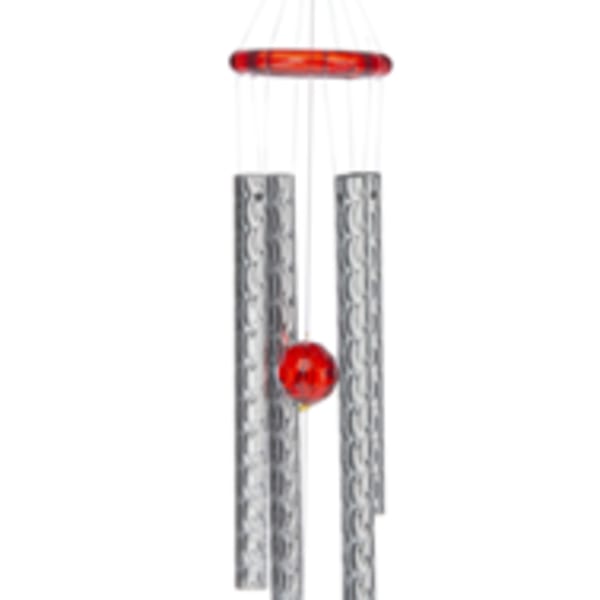 Red crystal cardinal wind chime with silver tubes and hanging red and clear beads on white background
