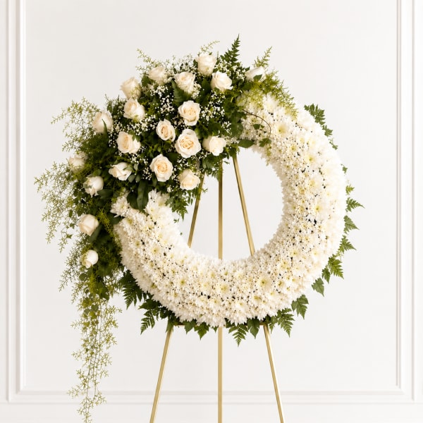 White floral wreath on a gold stand with roses and chrysanthemums