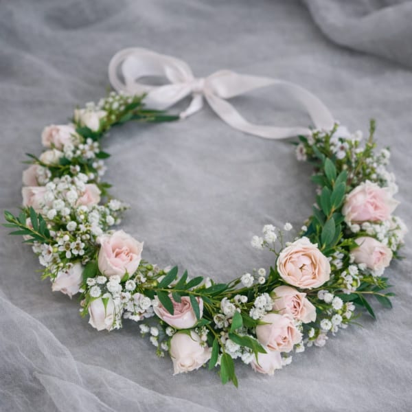 Floral crown with pale pink roses and white filler flowers tied with a ribbon