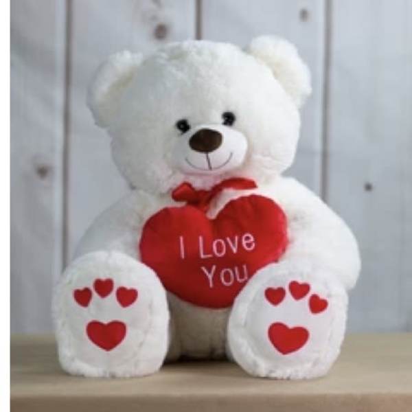 White teddy bear holding a red heart that says I Love You