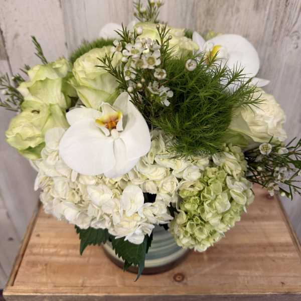 White orchid and pale green hydrangea bouquet in a vase