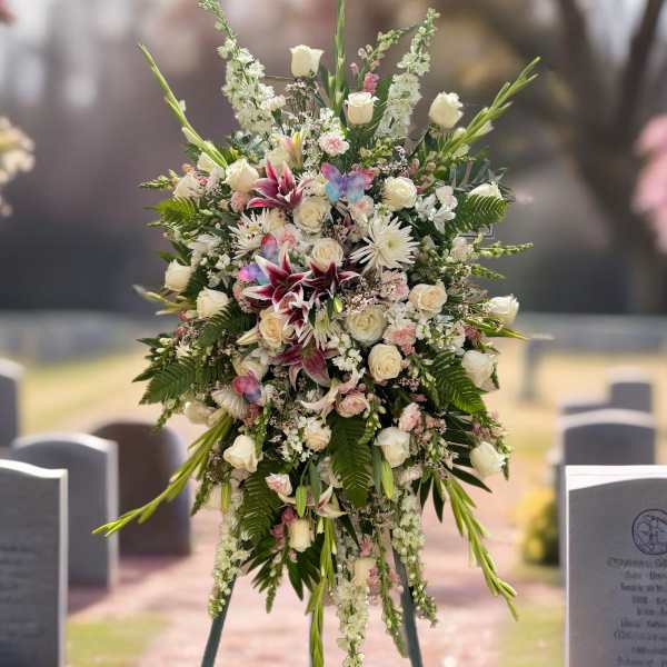 Large standing floral spray with white roses and lilies