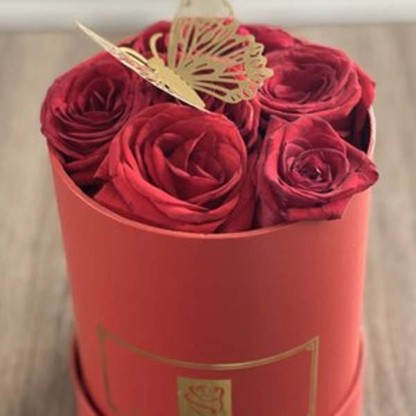 Four red roses in a round pink box with a butterfly topper