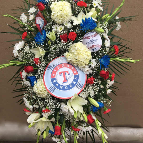 Large standing floral spray with Texas Rangers logos and baseball accents