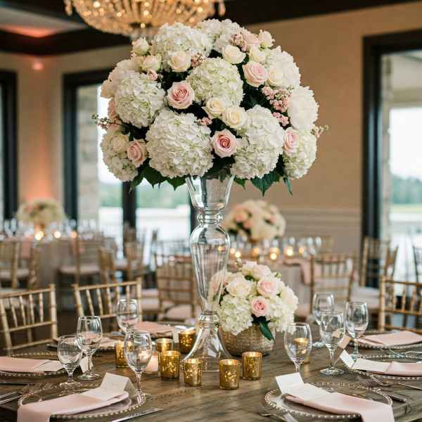Tall white and blush floral centerpiece in a clear glass vase