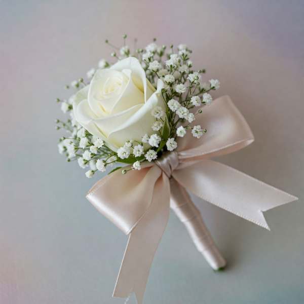 White rose boutonniere with baby's breath and a pale ribbon