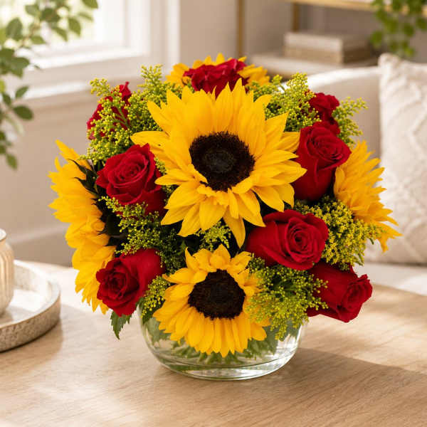 Red Roses and Sunflowers Bowl