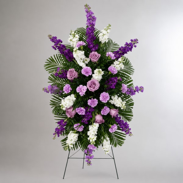 Standing floral spray with purple and white flowers on an easel