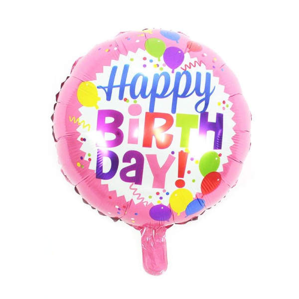 Pink birthday balloon with colorful confetti and "Happy Birthday" text