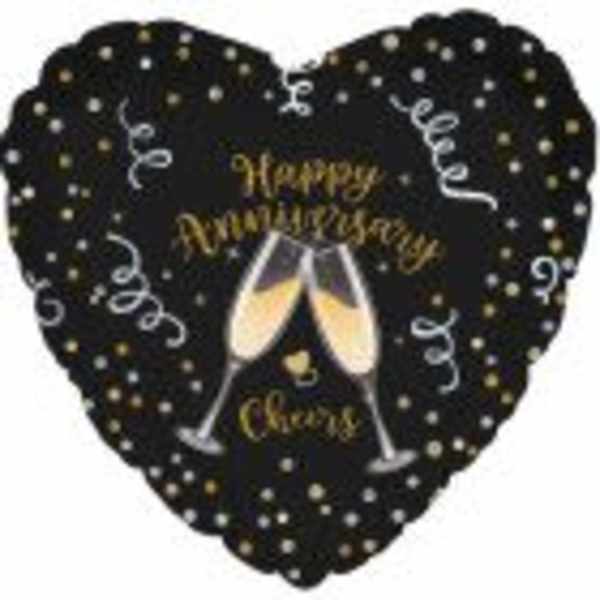 Black heart-shaped balloon with champagne glasses and Happy Anniversary text