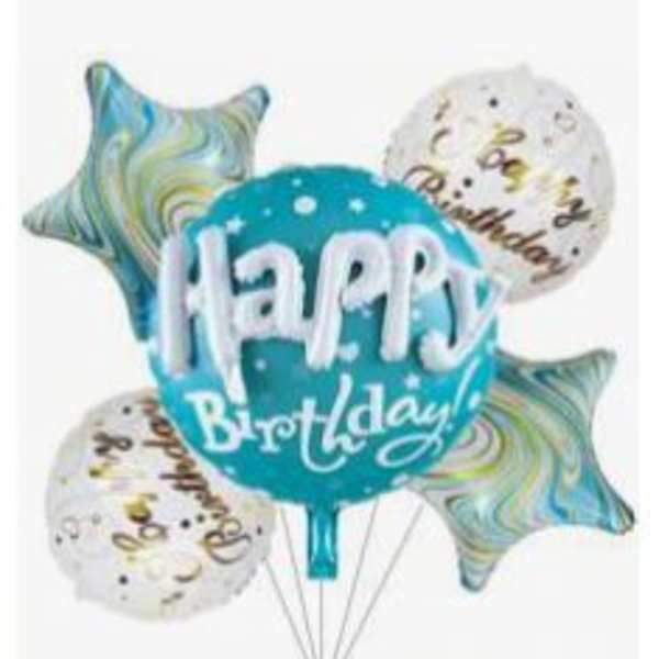 Birthday balloon bouquet with a teal "Happy Birthday" balloon and star balloons