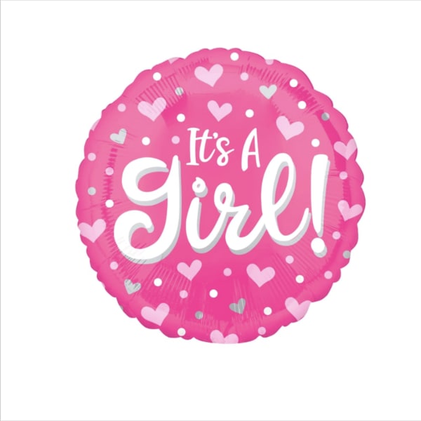 Pink round balloon with hearts and the words "It's A Girl!"