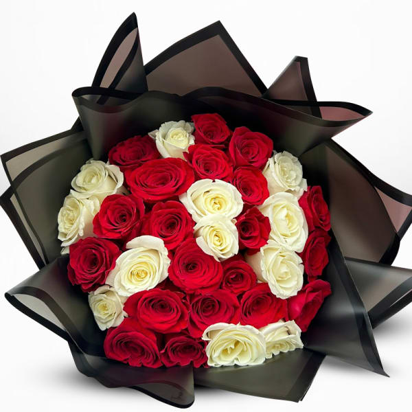 Bouquet of red and white roses wrapped in black paper