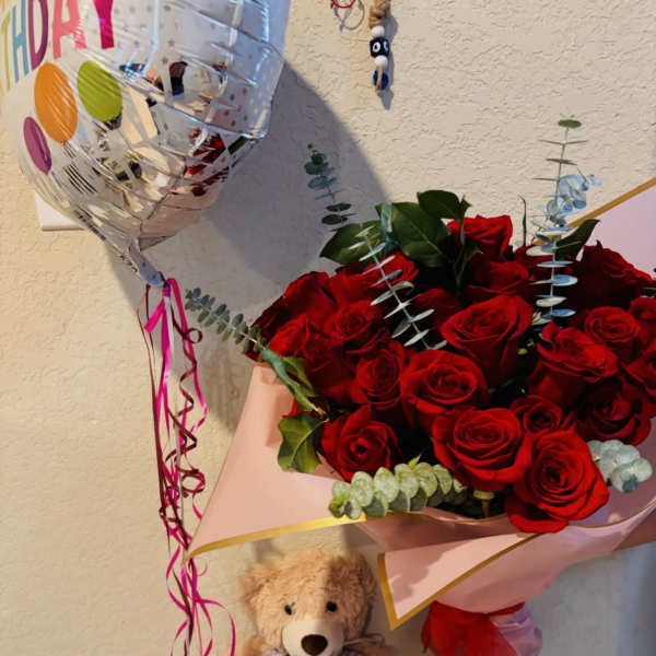 Luxury Red Rose Bouquet with Teddy Bear & Birthday Balloon