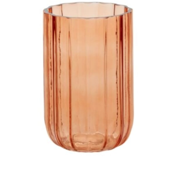 Copper-toned ribbed glass vase on a white background