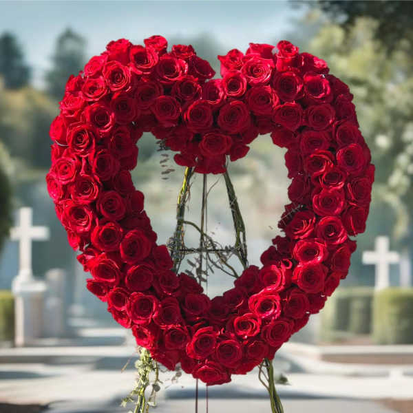 Heart-shaped red rose wreath on a stand