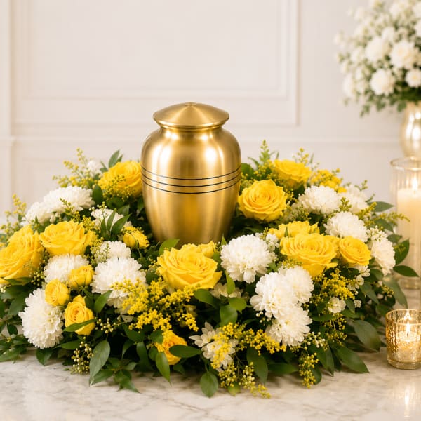 Yellow roses and white mums surround a gold urn with candles nearby