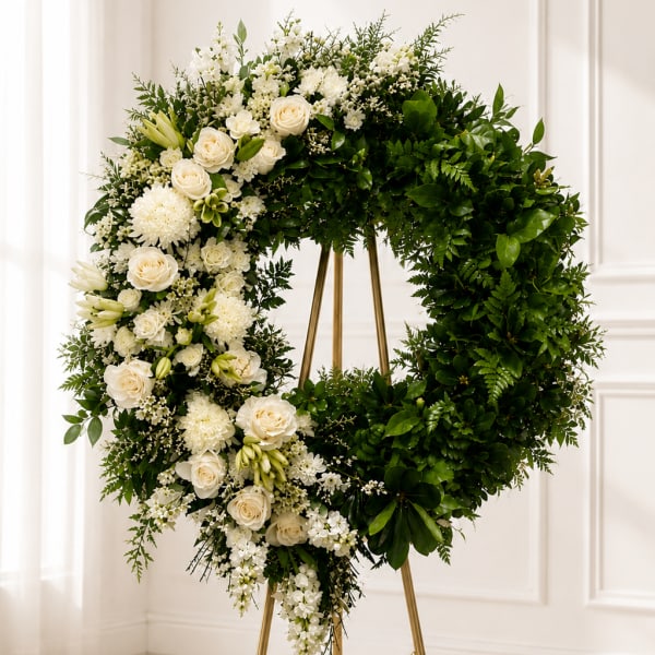 Large white and green floral wreath on a gold stand