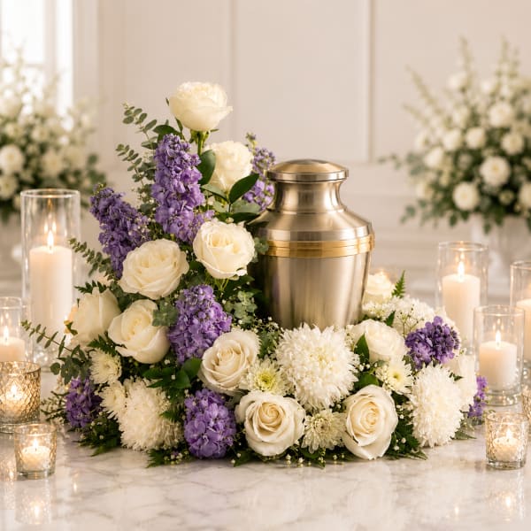 White roses and purple flowers arranged around a gold urn with candles
