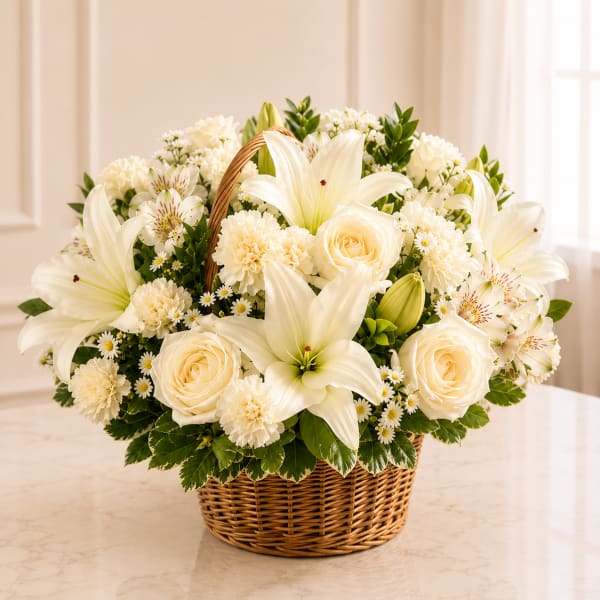 White lilies and roses arranged in a wicker basket