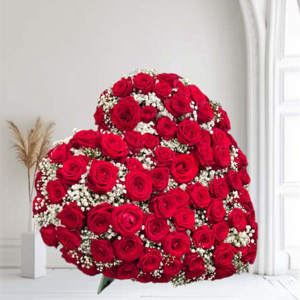 Large bouquet of red roses with white baby's breath
