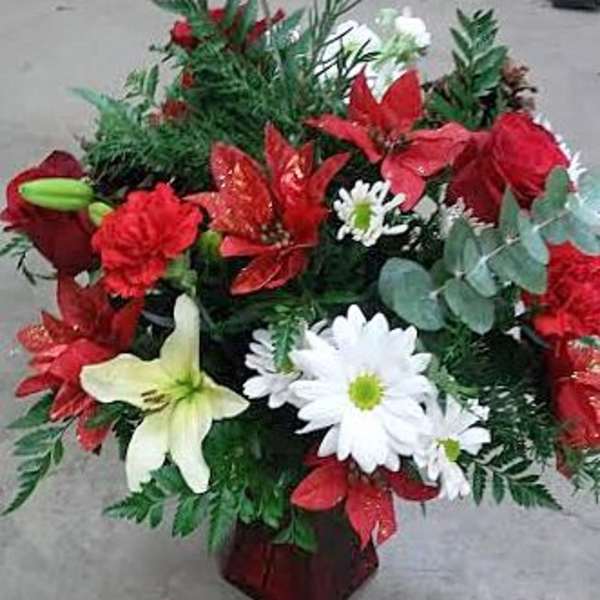 Red and white floral arrangement in a red vase