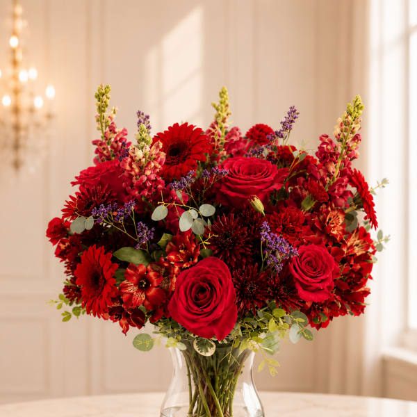 Red roses and mixed red flowers in a clear glass vase