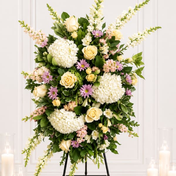 Large standing floral spray with cream roses, white blooms, and pink accents