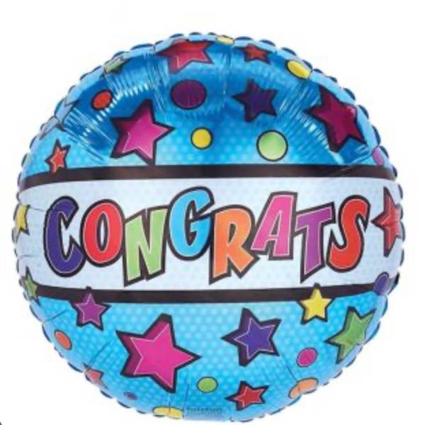 Round blue balloon with colorful stars and the word Congrats