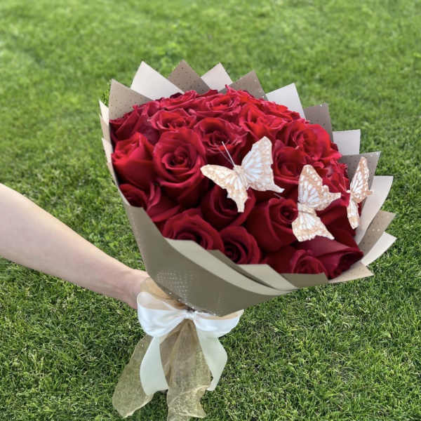 25 Red Roses with Gold Butterflies