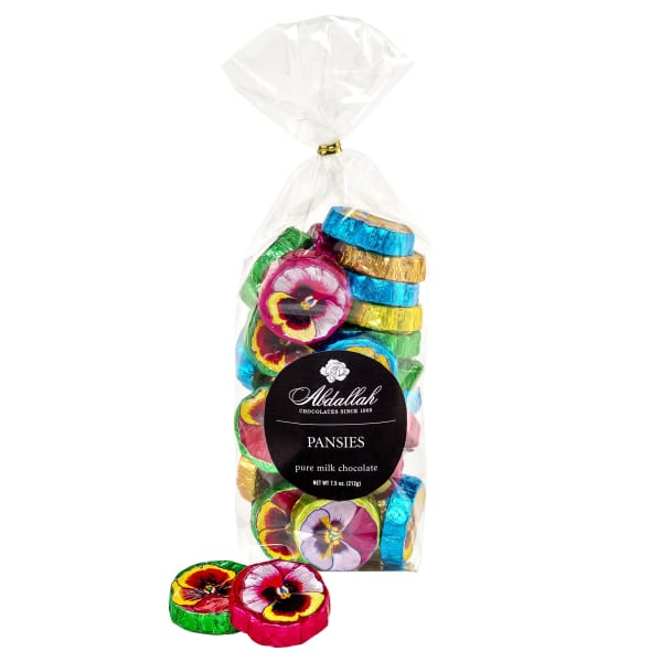 Bag of pansy-shaped milk chocolates with colorful foil wrappers