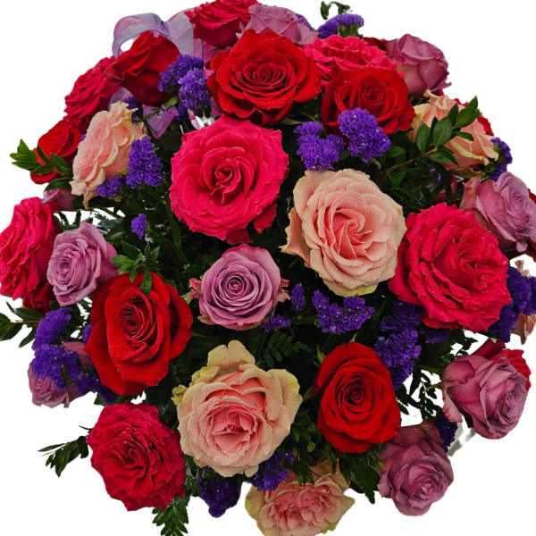 Bouquet of red, pink, and lavender roses with purple filler flowers