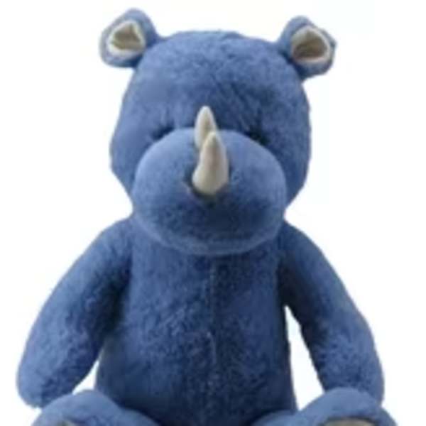 Blue plush rhinoceros toy with white horn and gray paws