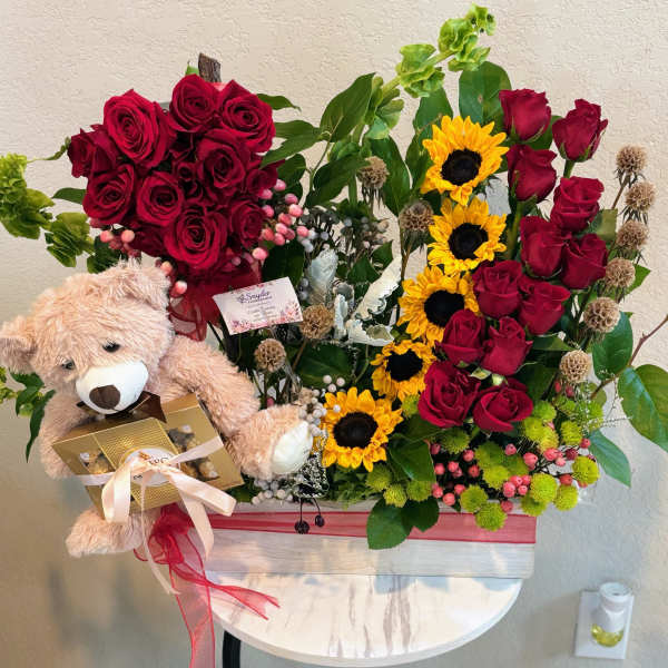 Ultimate Romance Gift Basket | Red Roses, Sunflowers, Teddy Bear & Ferrero Rocher